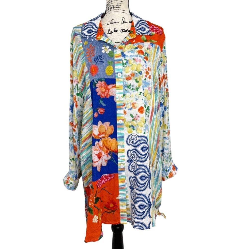 John Mark Tunic Button-Up Colorful Mixed Print Bo… - image 1